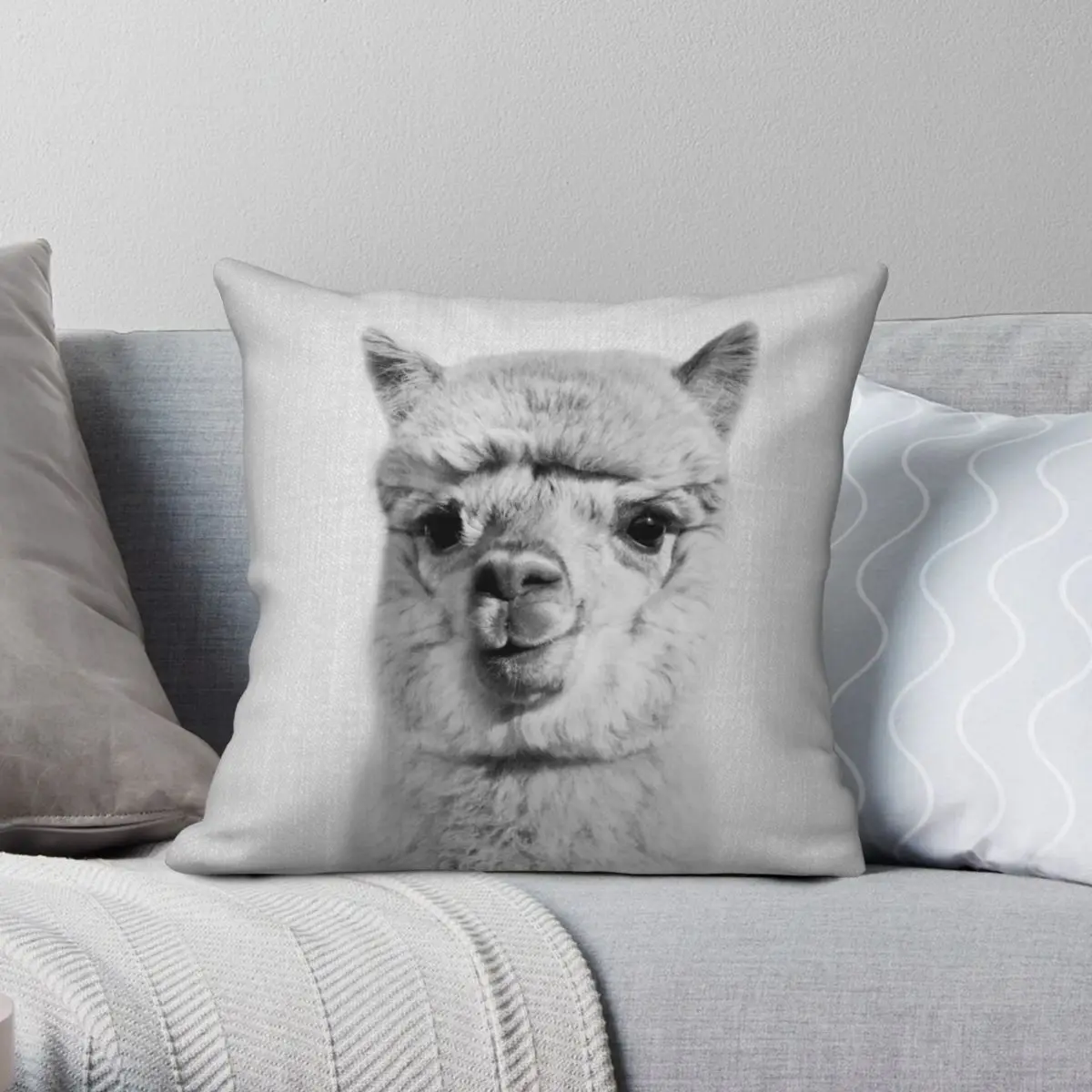 

Alpaca Black White Square Pillowcase Polyester Linen Velvet Printed Zip Decor Car Cushion Cover