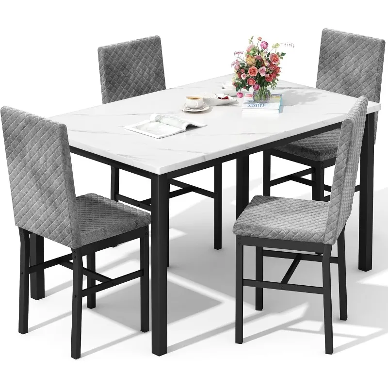 DKLGG Dining Table Set for 4 Kitchen  and Chairs Set of 4 Faux Marble Dining Room  Set Dinner  with 4 Velvet Upholstered Dining