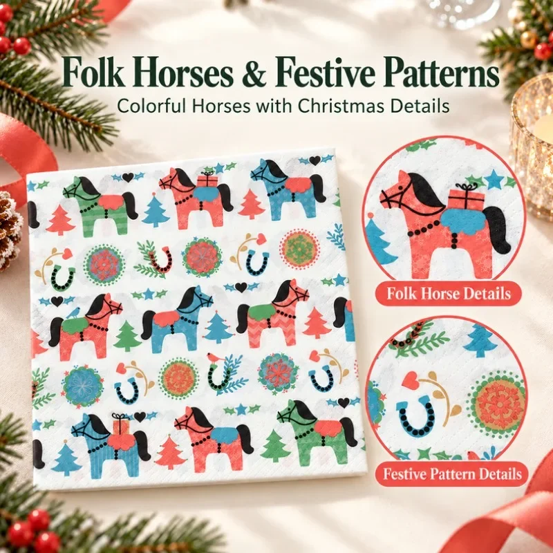 20pcs Christmas Folk Horse Paper Napkins 2-Ply 33x33cm Nordic Style Serviettes for Holiday Party Table Decor