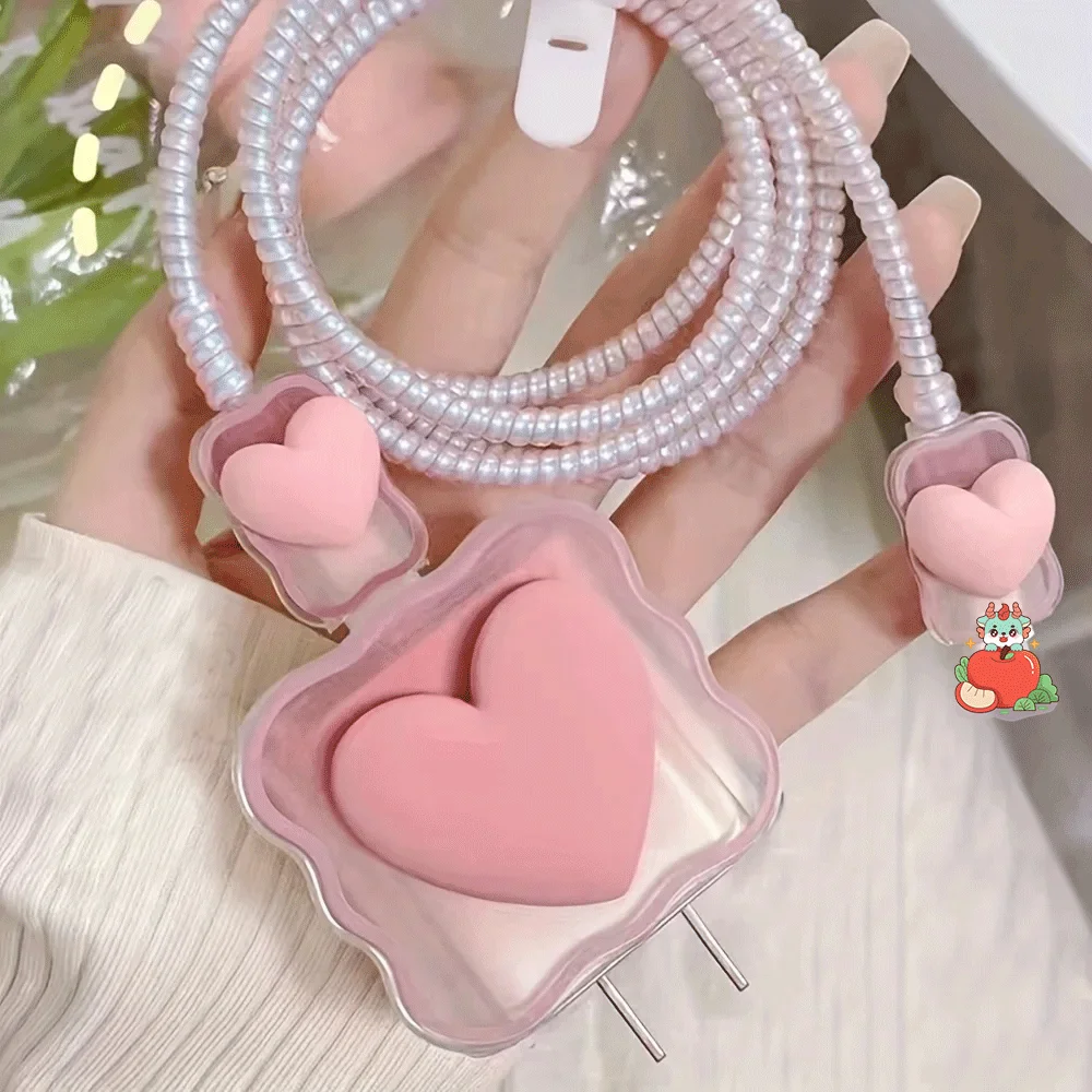 Charger Protector Cable Organiser for iPhone 14 13 Pro Max 18W 20W 3D Cartoon Love Heart Data Cable Management Cord Winder Kit