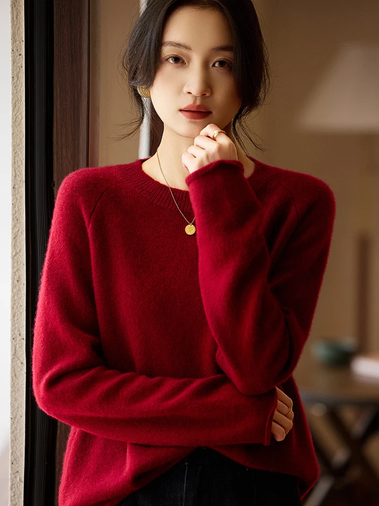TLOML Nowy Damski Sweter z Długim Rękawem Jesienno-Zimowy 100% Wełna Merino Dekolt Okrągły Kaszmirowy Sweter Dzianinowy Miękki Podstawowy Top Damski