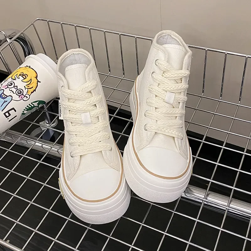 Maogu Women Autumn 2023 New Fashion Thick Platform Leisure Sports Shoe White Sneakers Breathable Casual High Top Canvas Shoes 40