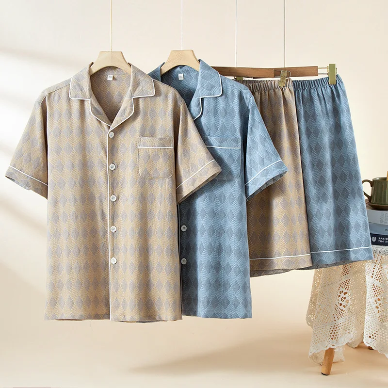 Diamond Checked Printed Men's Cotton Cardigan Short Sleeve Shorts Set for Summer Casual Large Size Men Loungewear Set