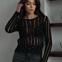 Summer Sexy Spicy Girl Hollow Mesh T-shirt Black Thin Perspective Top Women 2024 New Elastic Hot Diamond Long Sleeve Undershirt