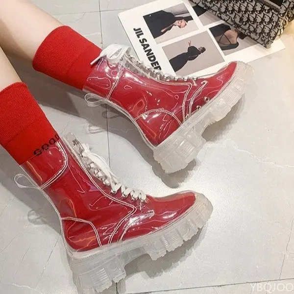 2022 Cool Fashion Women Transparent Platform Boots Waterproof Ankle Boots Feminine Clear Heel Short Boots Sexy Female Rain Shoes