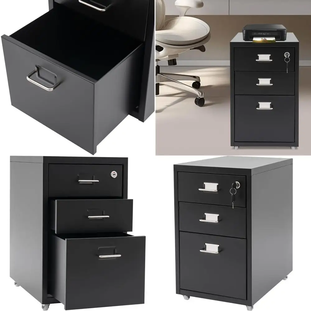 

Mobile Metal File Cabinet with Lock, Wheels, and 3 Drawers for A4/Legal Files - Office/Home Storage (Black)