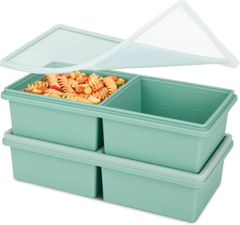 صواني فريزر سيليكون مكونة من كوبين مع أغطية، وحاويات إعداد الحساء والوجبات، وتحكم في جزء لصلصة اللازانيا، وآمنة للاستخدام في غسالة الأطباق
