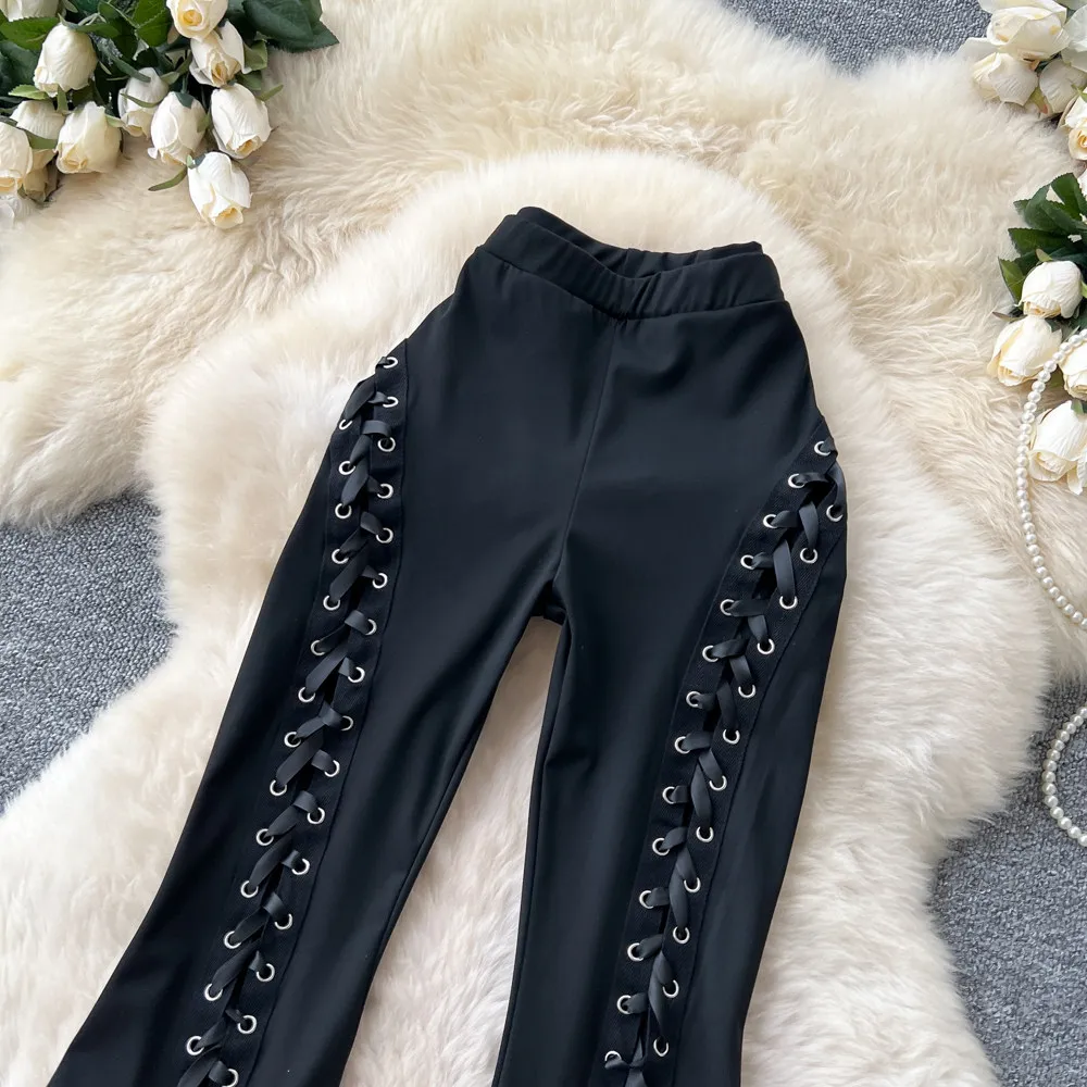 

2026 New Style Black Lace Up Flare Pants Women Streetwear Fashion Elastic High Waisted Slim Fit Trousers Female Casual Pants