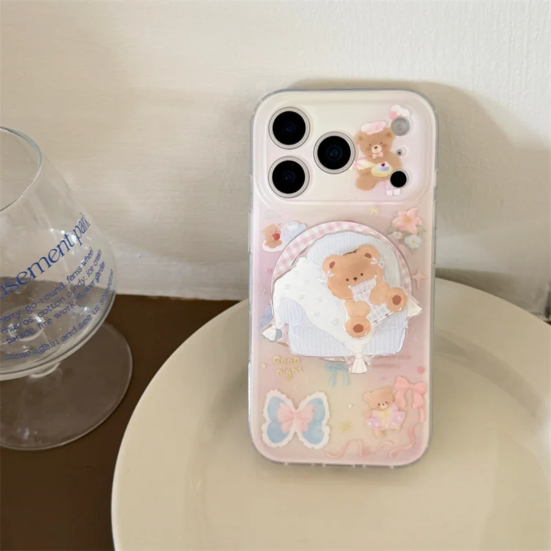 귀여운 만화 곰 나비 자석 휴대폰 케이스 아이폰 17 프로 16 14 15 프로 맥스 커버 홀더 포함 충격 방지 케이스 재미있는 디자인