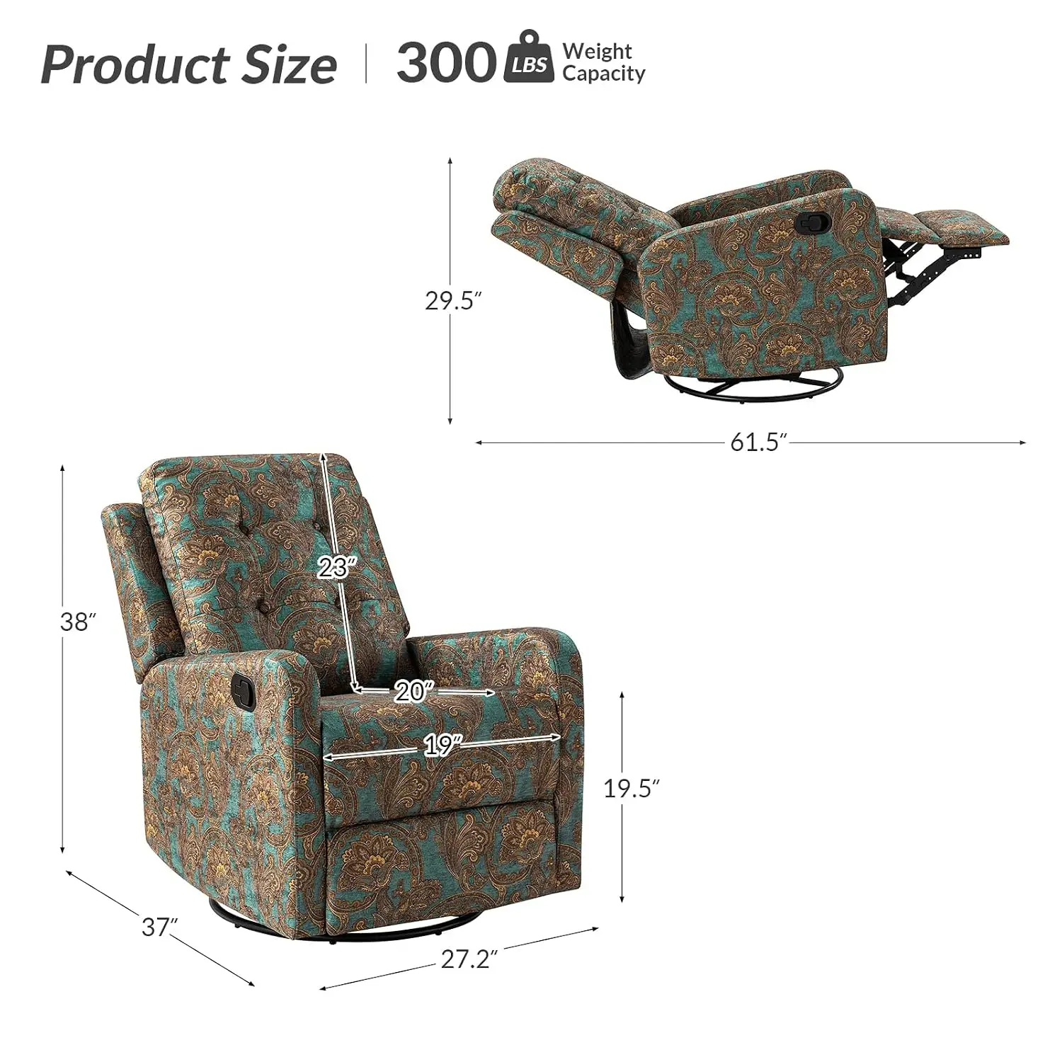 Printed Fabric Recliner Chair, Wingback Rocker Swivel Armchair with Adjustable Backrest & Footrest for Living Room, Customized