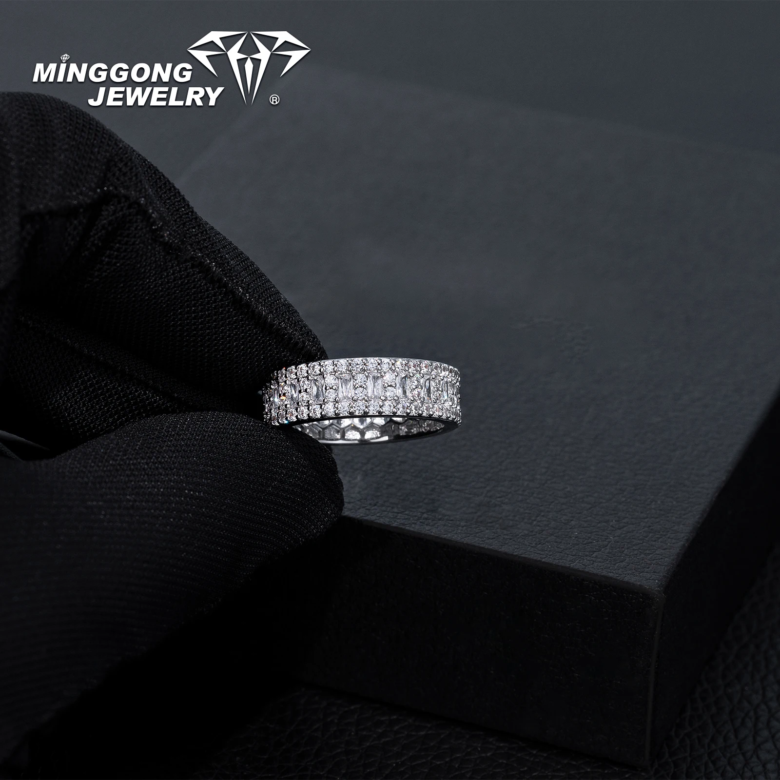 خاتم خطوبة مويسانيتي مثلج كامل 1.5 قيراط قابل للتخصيص S925 فضي مع شريط تصميم جديد من الذهب الصلب عيار 10 قيراط/14 قيراط #3