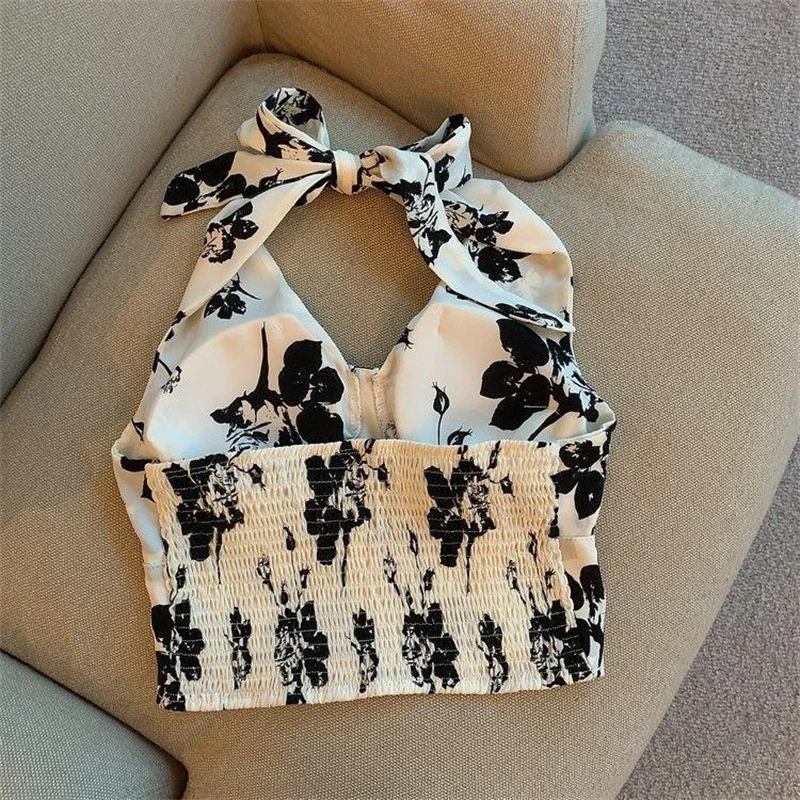 قميص قصير برقبة معلقة على شكل زهرة للسيدات صيفي جديد مثير برقبة على شكل حرف v ملابس خارجية للتخسيس مكشوفة من الخلف بأربطة علوية