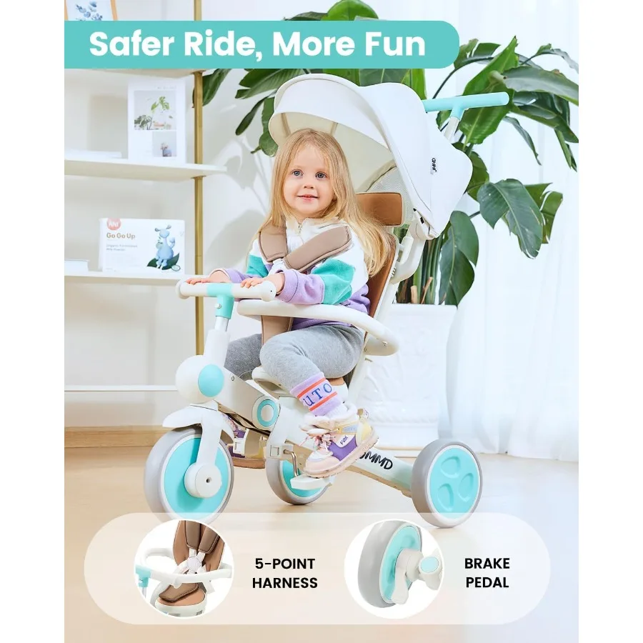 รถสามล้อเด็กอเนกประสงค์ 7-in-1 พร้อมที่จับสำหรับผู้ปกครองแบบปรับได้, สายรัดนิรภัยและเบรกที่ล้อ, หลังคาที่ถอดออกได้