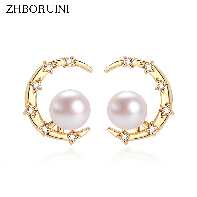 ZHBORUINI Crescent Moon Pearl Earrings For Women Real Freshwater Pearl 925 Sterling Silver Needle Stud Earring Wedding Jewelry