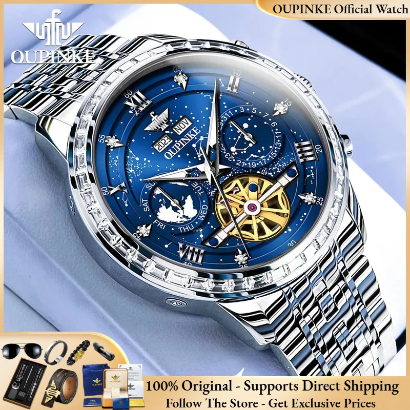 OUPINKE 3255 Starry Sky Men Watch Brand Top Swiss Movement Hollow Waterproof Watch HD Authentic Men Automatic Mechanical Watch