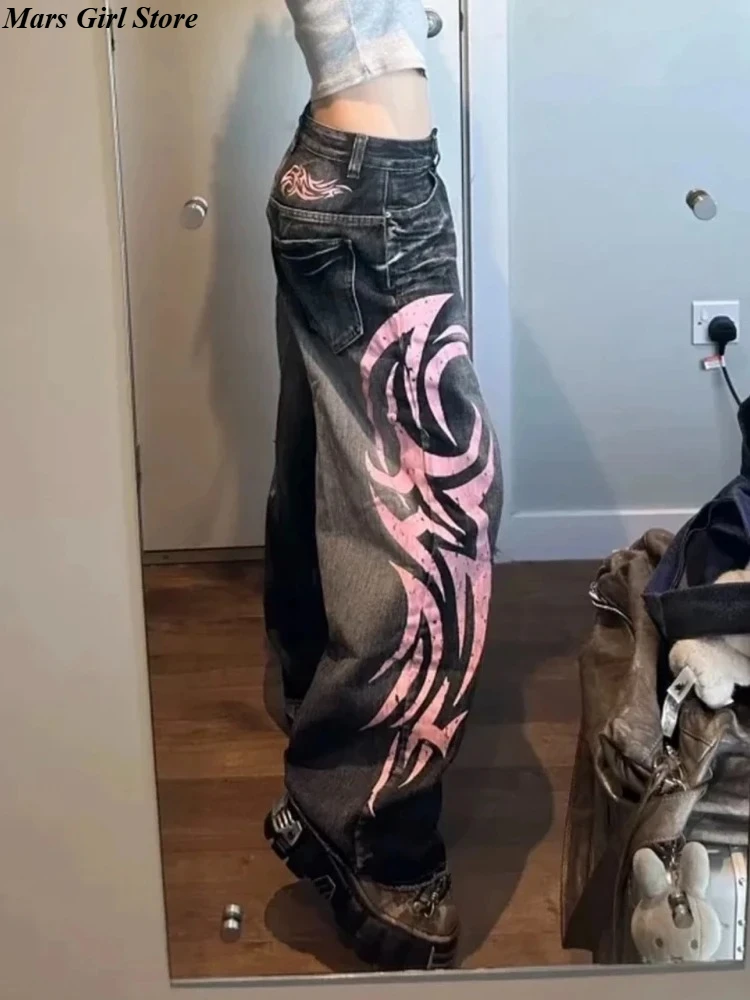 Y2k خمر القوطية الشرير الجينز النساء Harajuku طباعة الجرونج فضفاض سراويل جينز فاسق الهيب هوب الأسود الشارع الشهير واسعة الساق الجينز #2