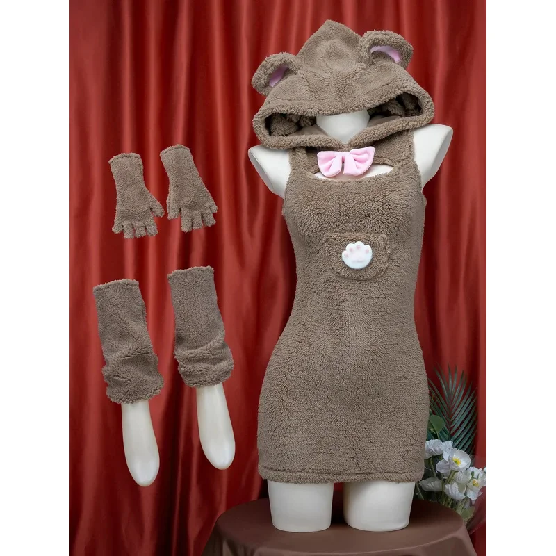 

QQ8 Anime Bear Maid Cosplay Costume Women Kawaii Plush Hooded Bodysuit Gloves Suits Cute Sleeveless Dress Pajamas Halloween 5Lk￥