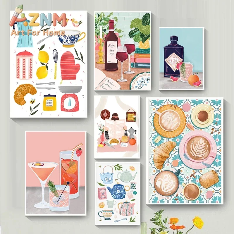 AZNM Kitchen Food Canvas Wall Art Tea Pot Coffee Wine Fruit Croissant Colorful Illustration Art Print Unframed Canvas Poster for