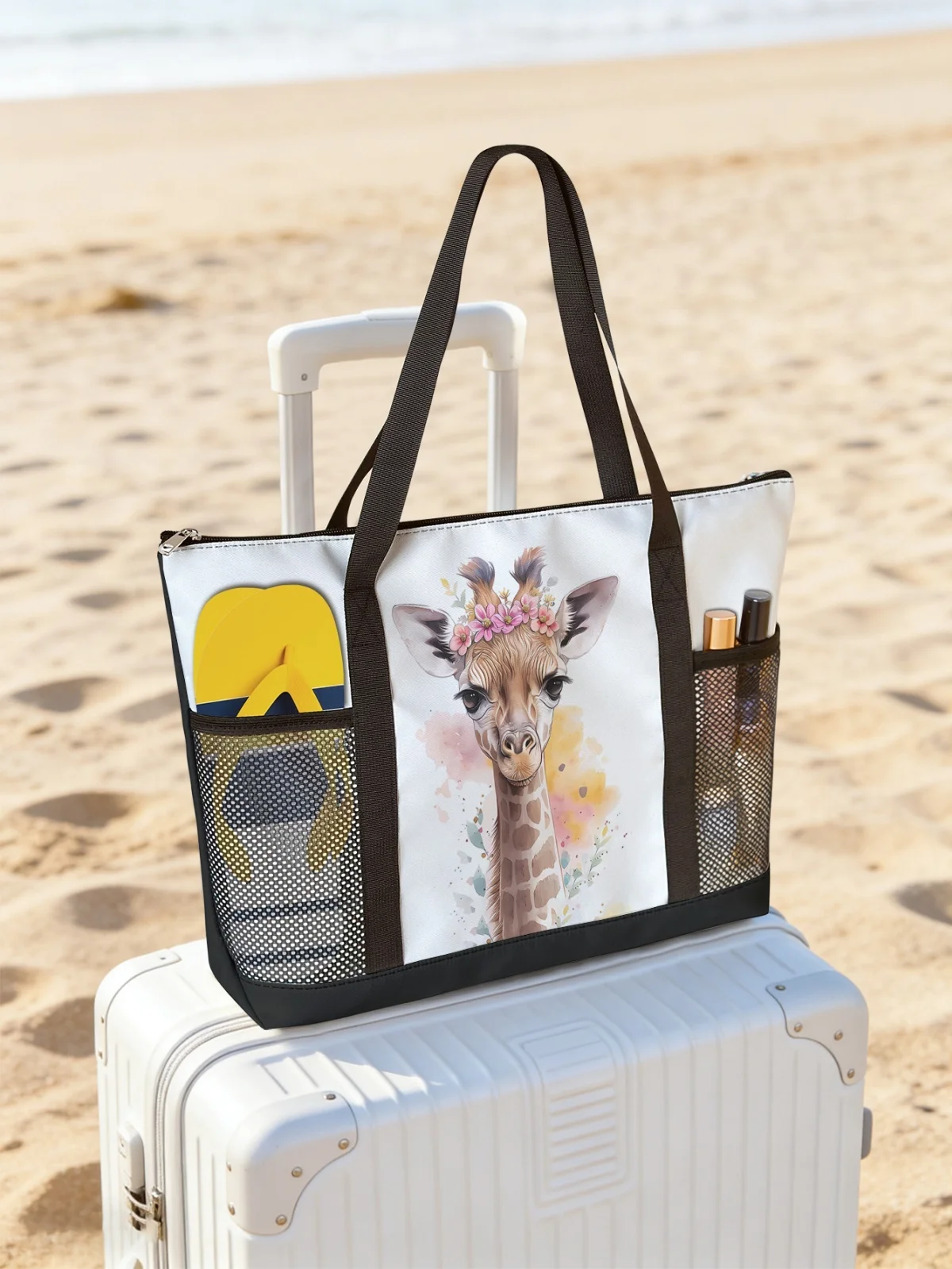 

Giraffe printed handbag, large capacity women's beach bag, waterproof travel shoulder bag with mesh pockets
