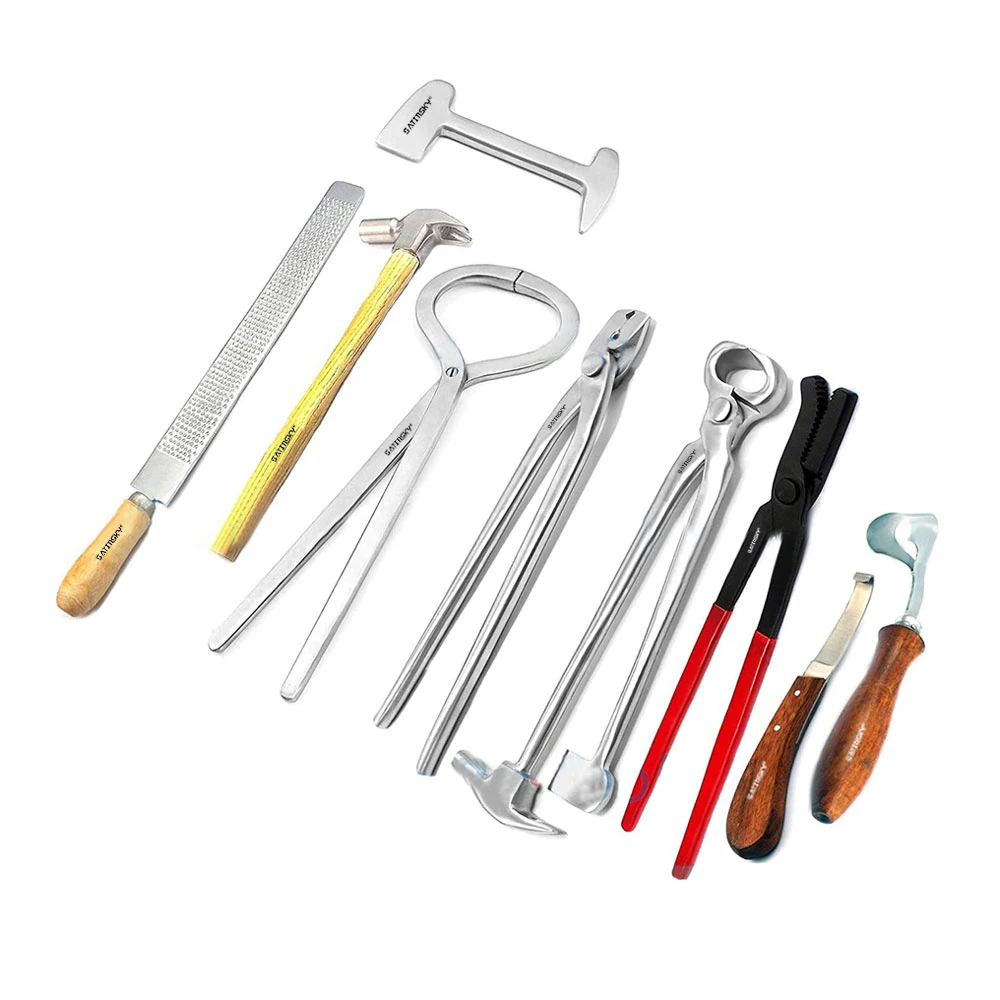 

Animal Care Veterinary Tool Horse Farrier Tool Kit Grooming 9 Pieces Complete Tools Kit Hoof Clincher Nipper Rasp Hammer Knife