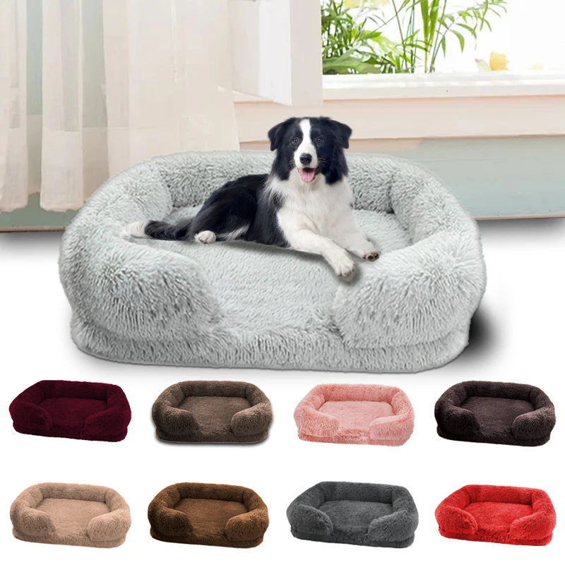 

Plush square large dog bed for all seasons, comfortable and soft cat sofa bed with raised edges, removable plush cover dog bed,