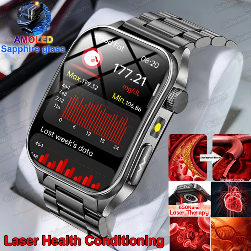 New ECG Uric Acid Blood Lipid Smart Watches Men 650nm Laser Conditioning Heart Rate Health Tracker BT Call Sports SmartBracelet
