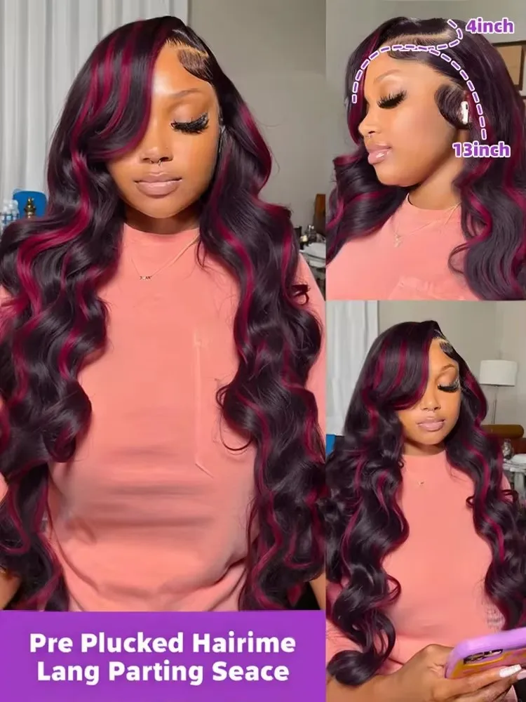 1B/99j بورجوندي تسليط الضوء على الدانتيل شعر مستعار أمامي البرازيلي تسليط الضوء على الجسم موجة خصلات الشعر المستعار الإنسان أومبير الملونة 13x6 Hd الدانتيل شعر مستعار أمامي