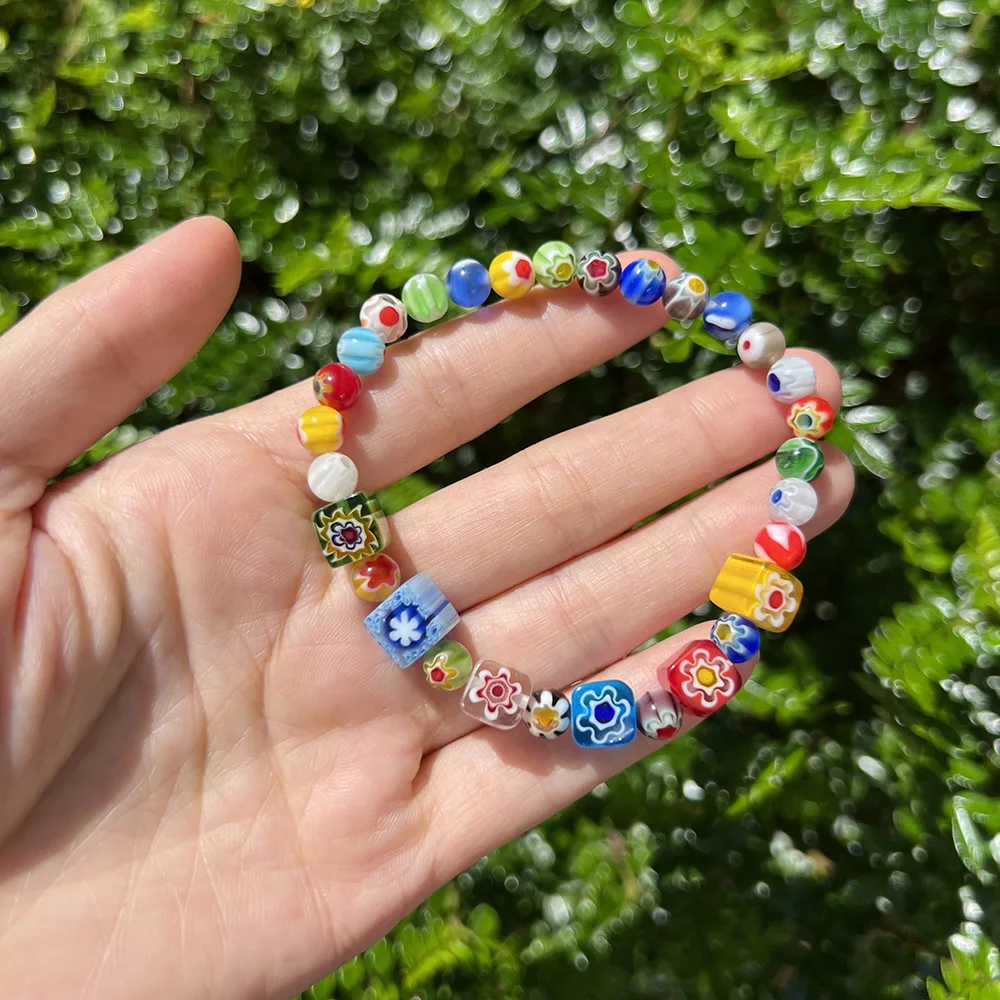 1 piece of fashionable square grain circular pieces, multiple DIY glass handmade bead bracelets, giving jewelry gifts to girls