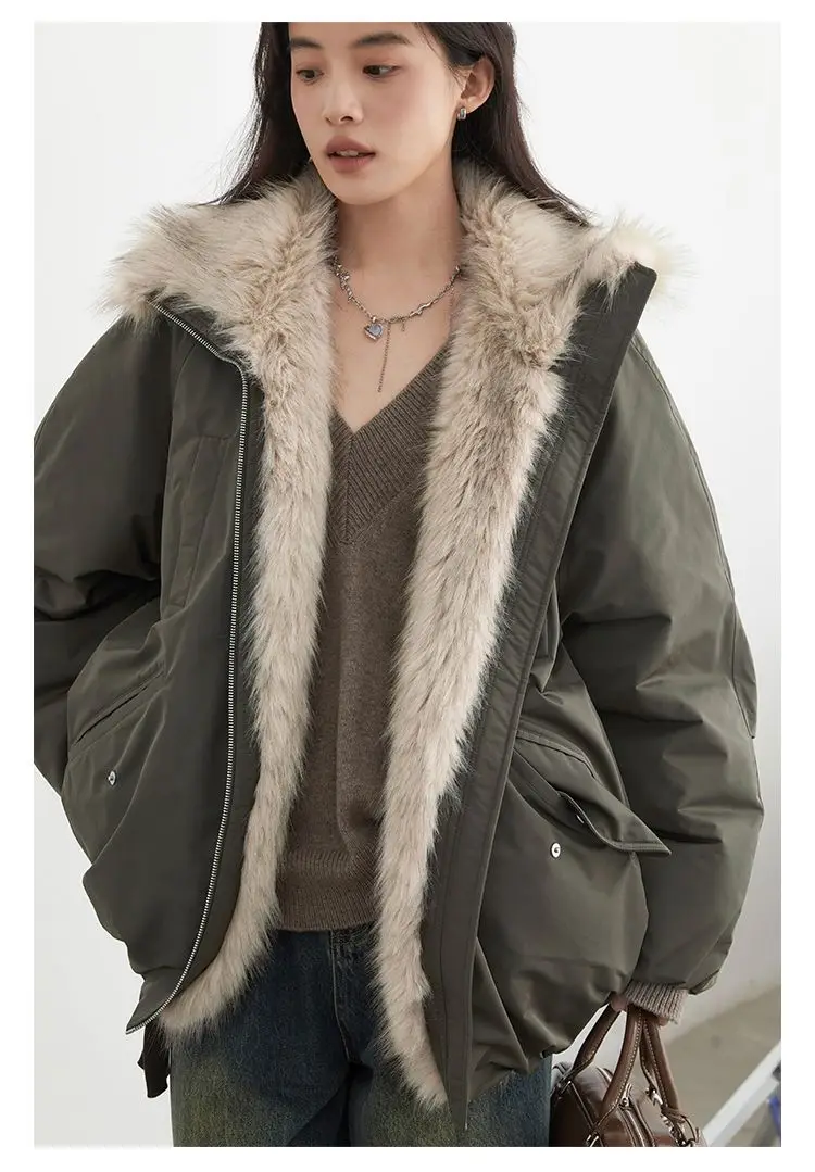 

2025 Y2K Women's Winter Thickened Fur Collar Warm Jacket Zipper Hoodie Couple Fashion Fashion Fashion Casual Loose Jacket Top