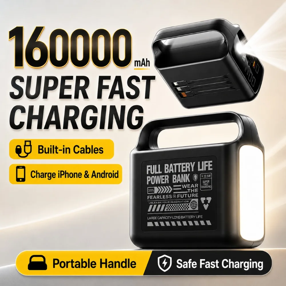 2027 New 160000mAh Large Capacity Super Fast Charging Power Bank Built-in Cable LED Light Portable Outdoor Mobile Power Supply
