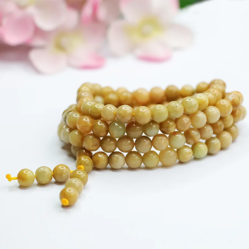 

Natural Burmese Yellow Jade Buddha Bead Necklace 108 Gemstone Buddhist Mala Protection