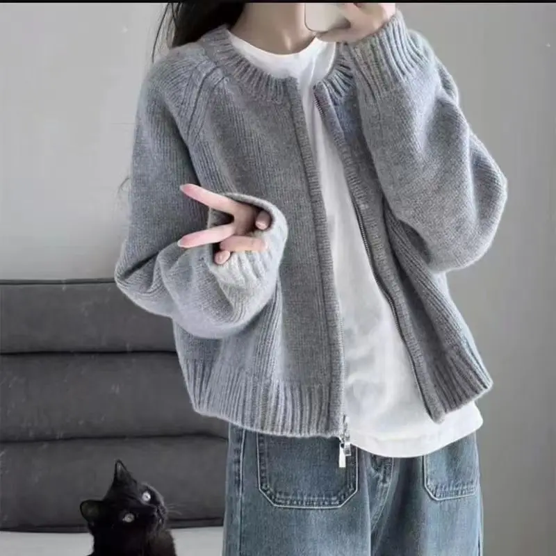 

Autumn Winter Short Knitting Cardigan Women Solid Color Long Sleeve Round Neck Sweater Jacket 2025 Casual Zipper Sweater Coats