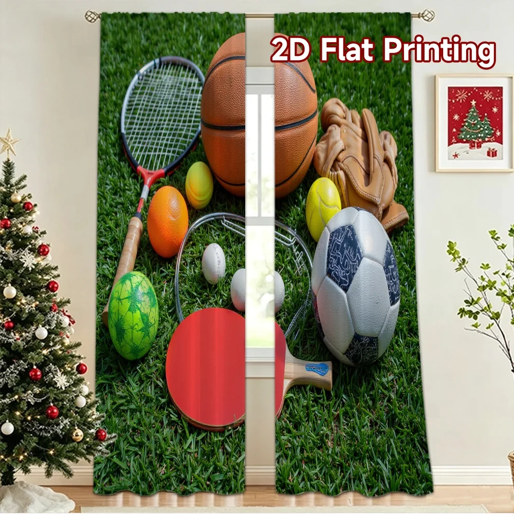 2D flat 2pcs Curtain Retro Country Style Sports Balls on Grass Digitally printed polyester, colorfast Festive Holiday Perfect