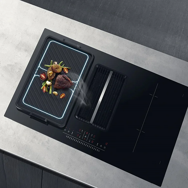 Built-in Tempered Glass Flow In Hood Downdraft Range Hood With Induction Cooker