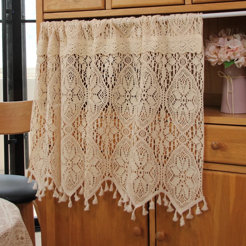 Retro Crochet Curtains Valance Kitchen Window Curtain Tiers Rod Pocket Farmhouse Short Curtains for Room Divider Doorway Curtain