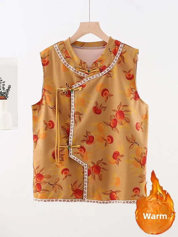 Winter Warm Slant Buckle Vest Large Size Loose Home Wear Women's Outerwear Mommy Style round Neck Regular Length Jacket