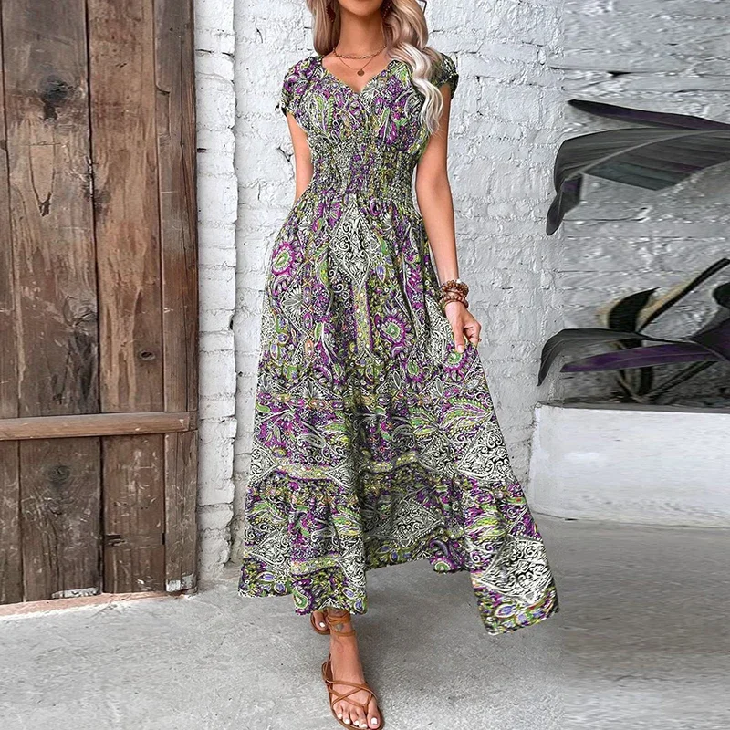 Women Vintage Print Long Dress 2023 Summer Sexy V Neck Short Sleeve A-line Dress Female Elegant Elastic Waist Maxi Dresess Robe