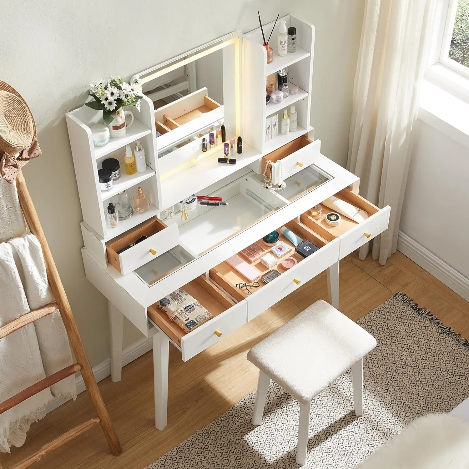 Modern Makeup Vanity Desk with Mirror and Lights,42'' Table with Glass Tabletop & 5 Drawers,with Cushioned Stool & 3 Light Modes