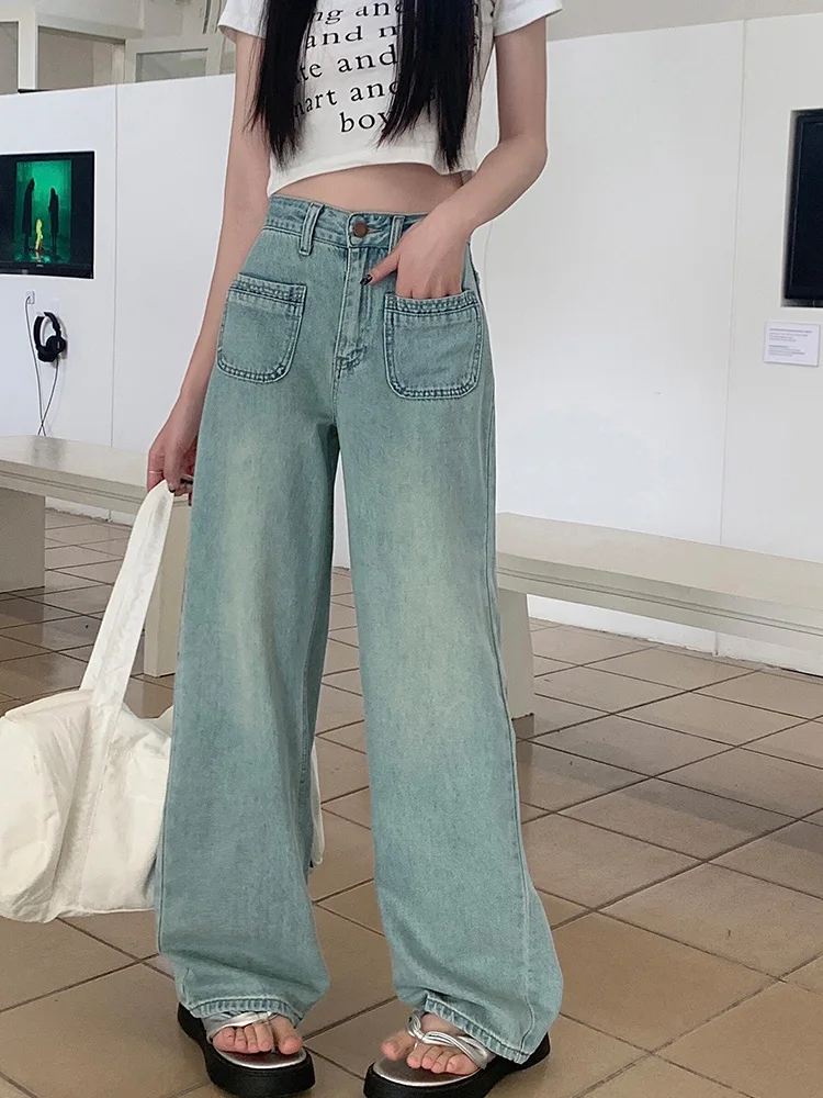 

Benuynffy Vintage Washed Blue Baggy Denim Long Pants Women Streetwear Korean Fashion High Waist Straight Wide Leg Jeans 2024