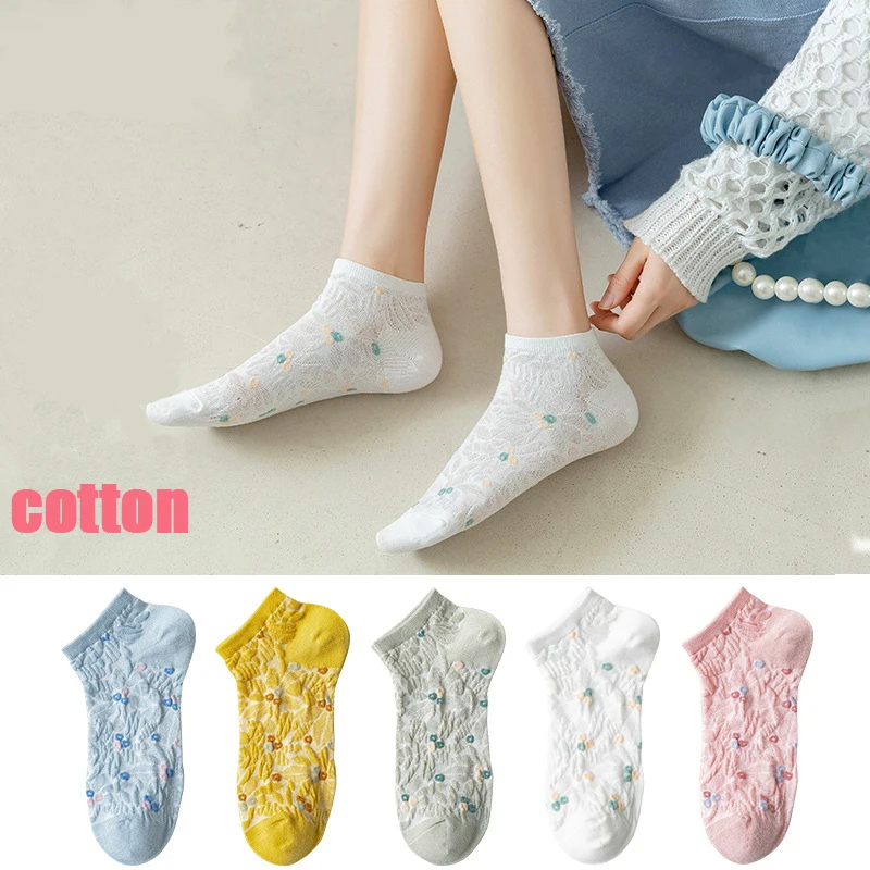 5pairs Cute Summer Women Short Socks Cotton Boat Low Cut Chaussette Cartoon Ankle Cotton Sock Soft Adult Female Lady Flower Sock