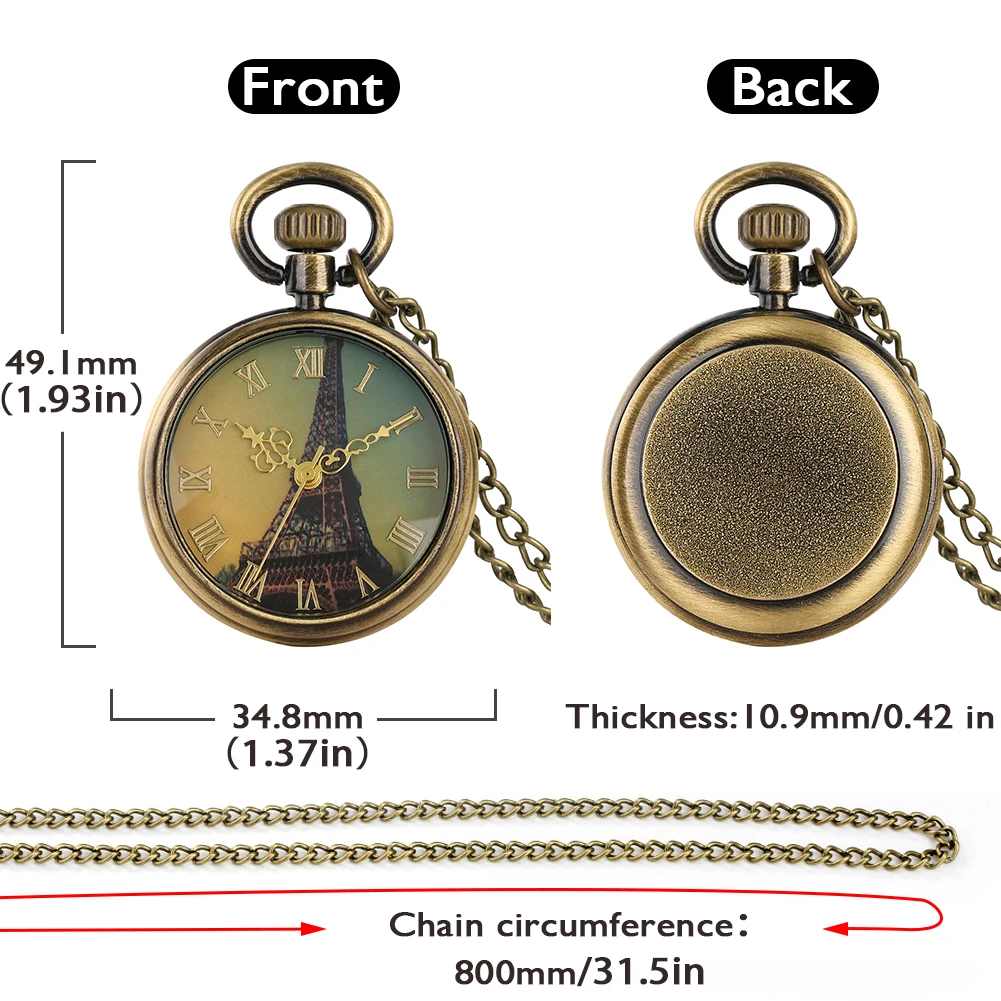 Bronze Fashion Paris Eiffel Tower Notre Dame Design Quartz Pocket Watch LE LOUVRE Necklace Pendant Art Souvenir Clocks