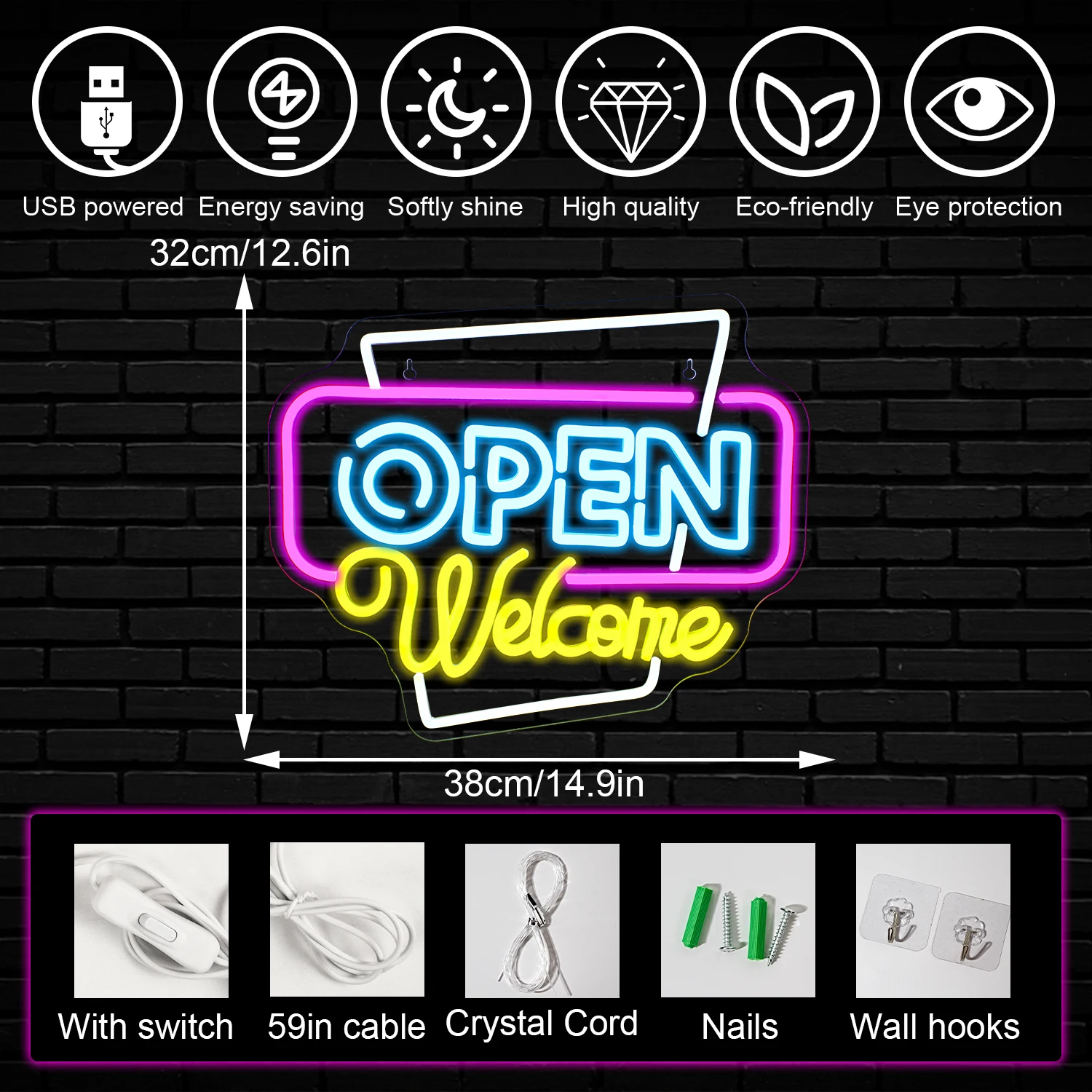 Open Welcome Neon Signs USB Powered Led Sign Business Bar Shop Salon Coffee Hotel Display Sign for Wall Decor Bright Led Neon