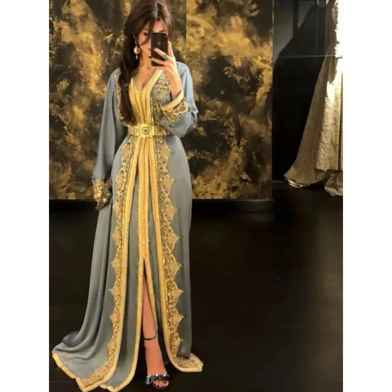 Elegant Arabian Evening Gown Long Sleeve Moroccan Kaftan Dress Gold Embroidered Ramadan Party Dress Vestdos De Fiesta Customized