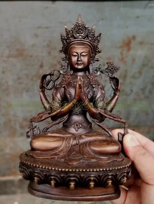 Tibet Old bronze buddha Statue Pray Safeness Divinity 4 arms Kwan-yin Statues