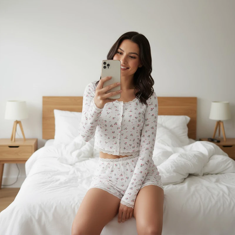 

Sweet Pajamas Floral 2-piece Sexy Home Service Shorts+long-sleeved Pajamas Autumn Y2K Casual Pajamas Party Warm Pajamas Set New