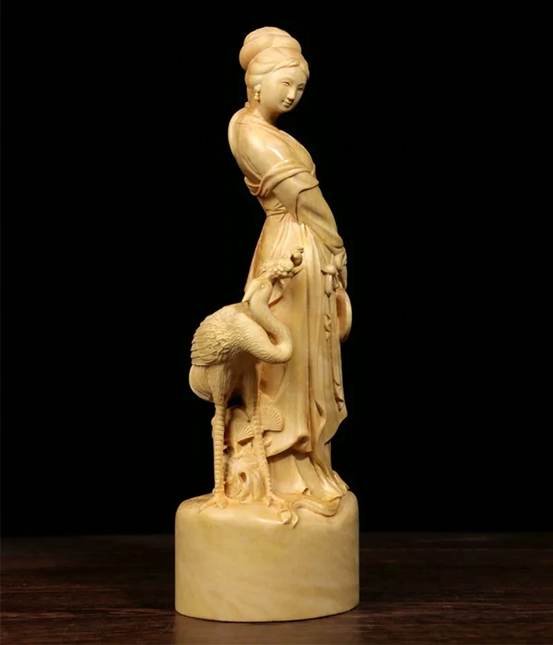 BY278 - 18 X 6 x 5 CM Boxwood Carved Figurine - Fairy Beautiful and Crane Bird