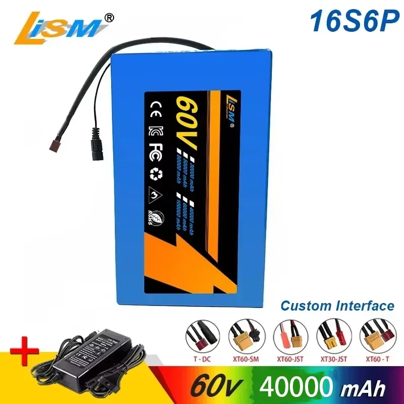 Batteria agli ioni di litio 60V 40Ah 16S6P 18650 Batterie per elettroutensili da 2500 W Batterie di backup per esterni + caricabatterie da 67,2 V