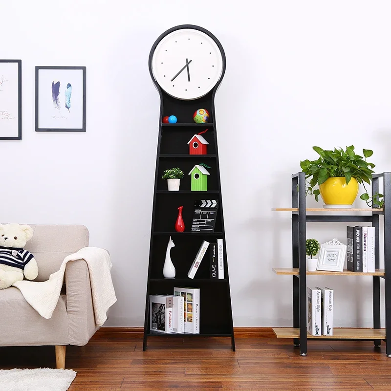 European creative floor clock living room modern solid wood bookshelf multifunctional movement clock black atmospheric