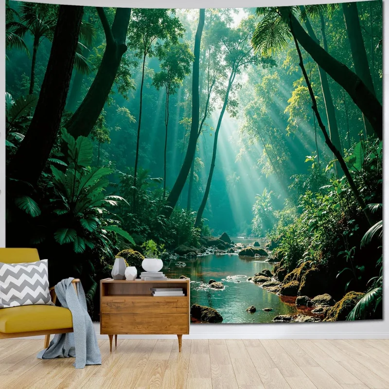 Forest Green Natural Pattern Tapestry Wall Decoration Misty Forest Sunlight Mural Tapestry Bedroom Aesthetics