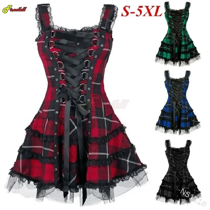 Duży rozmiar 5XL Damska średniowieczna sukienka Vintage Gothic Lace Up Summer Dress Dark Lolita Costume Steampunk Mini Cosplay Dress